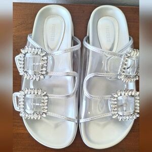 Forever 21 Transparent Crystal Rhinestones Double Strap Women's Slippers Size 6